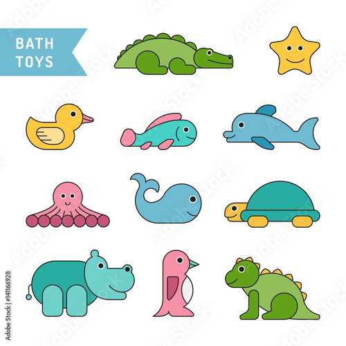 "Set of baby bath toys in the bathroom drawn in cartoon flat style