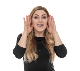 Young blond woman listening gossip close up.