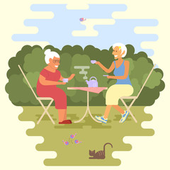 Banner of Retired elderly senior age couple in flat character design. Two old women have a tea party in park. Isolated vector illustration eps 10