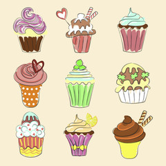 Collection of Hand drawn cupcakes, sketch style. Isolated on white background. Pastel colors. Vector illustration eps 10
