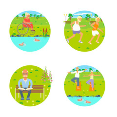 Banners of Retired elderly seniors age couple in flat character design. Grandpa and grandma walking in the park. Grandparents with walking stick and invalid chair outdoor isolated. Vector eps 10