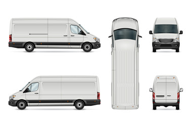 White van vector illustration. Isolated commercial vehicle on white background. All layers and groups well organized for easy editing. View from side, back, front and top. - obrazy, fototapety, plakaty