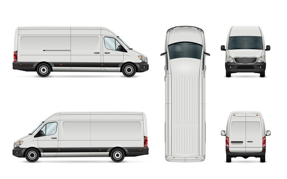 White van vector illustration. Isolated commercial vehicle on white background. All layers and groups well organized for easy editing. View from side, back, front and top.