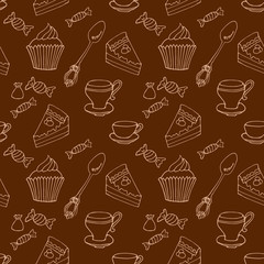 Tea and coffee cups and cakes seamless pattern