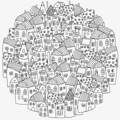 Pattern for coloring book with artistically houses. Street background. Ink pen. Zentangle. Black and white pattern in vector.