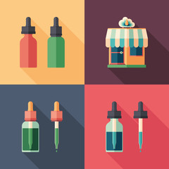 Set of vape shop bottles flat square icons with long shadows.