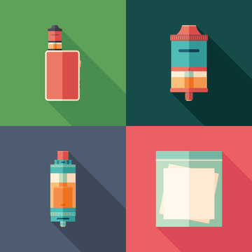 Set of vaping flat square icons with long shadows.