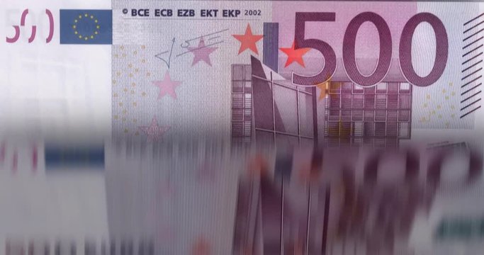 Loopable: Banknotes printing/counting machine animation. Flipping european ‪five hundred‬ Euro bills. Infinite flow of money.