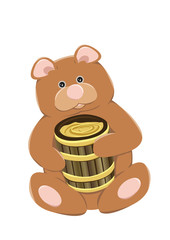 Cute brown bear with a wooden barrel full of honey. Vector illustration, isolated on white background.