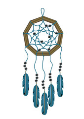 Realistic dream catcher with a wooden base and a decoration of blue thread, black transparent beads of pearl and blue feather. Ethnic cult objects of American Indians and the shamans of Siberia.