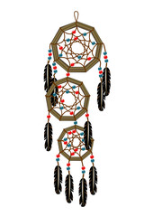 Realistic complex dream catcher with a wooden base and a decoration of brown thread,  blue, red transparent beads and black feather. Ethnic cult objects of American Indians and the shamans of Siberia.