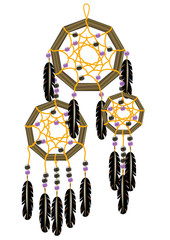 Realistic dream catcher with a wooden base and a decoration of yellow thread,  purple and black beads and motley black feather. Ethnic cult objects of American Indians and the shamans of Siberia.