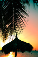 Tropical image of silhouetted palm leaves and grass tiki hut palapa against colorful sunset