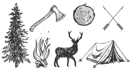 Camping hand drawn stickers set