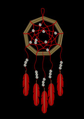 Realistic dream catcher with a wooden base and a decoration of red thread, white transparent beads of pearl and motley red feather. Ethnic cult objects of American Indians and the shamans of Siberia.
