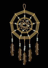 Realistic double dream catcher with a wooden base and a decoration of beige thread, white beads of pearl and motley brown feather. Ethnic cult objects of American Indians and the shamans of Siberia.