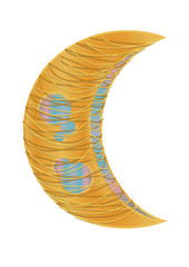 Fantastic golden moon with the decoration of the thread and pink and blue and purple moonstones. Vector illustration, isolated on a white background.