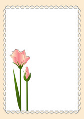 Pink flowers on a background of white lace rectangle. Vector illustration. 