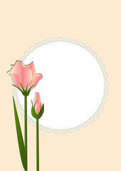 Pink flowers on a background of white lace circle. Vector illustration. 