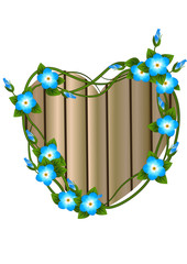 Wreath of forget-me-not against the background of a wooden heart. Vector illustration, isolated on white background.