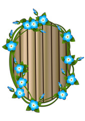 Wreath of forget-me-not against the background of a wooden ellipse. Vector illustration, isolated on white background.