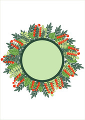 A wreath of red berries and a variety of green leaves. Postcard birthday, Valentine's Day, wedding, Women's Day.