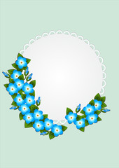Vine with forget-me-nots against a background of pale blue circle with lace. Vector illustration.