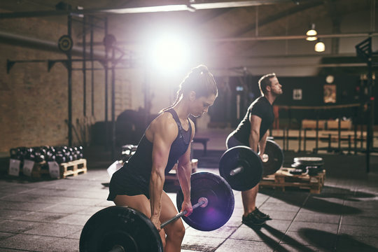 Fit muscular people lifting barbells in gym