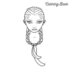 Coloring book with cartoon girl with braided hair and cat eyes