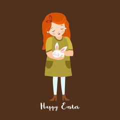 Girl with a bunny, Easter greeting card, vector illustration