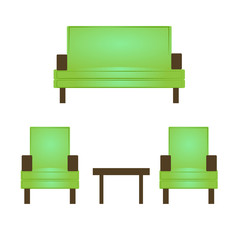 A set of light green furniture with wooden details. Armchair, coffee table, sofa. Vector illustration, isolated on a white background.