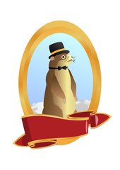 Festive groundhog in a hat and a tie against the sky in a golden box with red ribbon. Groundhog Day. Vector illustration, isolated on white background.