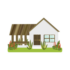 White house with a wooden roof and porch standing in the meadow with red and yellow bushes. Bungalow. Cottage. Vector illustration, isolated on a white background.