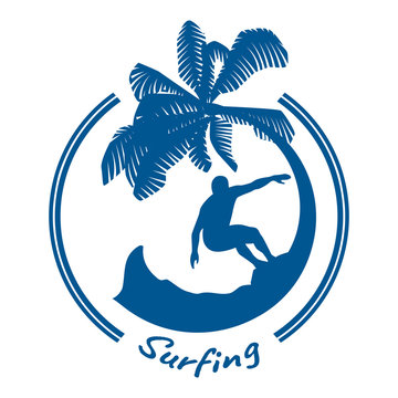 Active lifestyle, sport and rest. Surfer, palm tree, wave