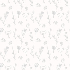 Fototapeta premium Easter seamless pattern. Sketch drawing festive eggs, spring twigs, flowers and birds. Vector texture on solid background.