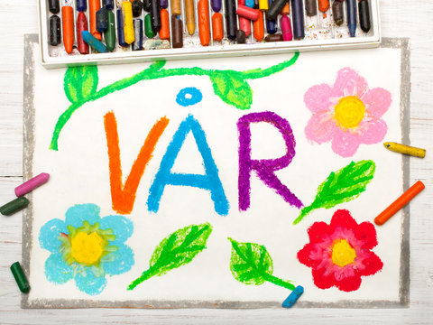 Colorful drawing: Norwegian words Vår (Spring) and beautiful flowers