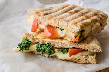 Turkish Bazlama Tost / Toast sandwich with melted cheese, tomatoes and dill.