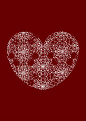 White openwork delicate lace heart on a cherry background. Valentine's Day card.