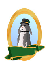 Gray rabbit gentleman in a hat in a gold box with ribbon. Vector illustration, isolated on white background.