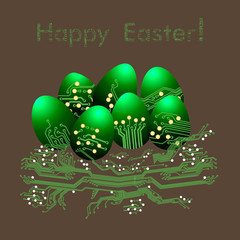 Easter eggs in nest in circuit board style. Happy Easter greeting card. Vector Illustration
