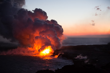 Dusk in Volcanoes National Park - Lava into Pacific