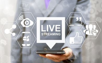 Live streaming social media web network concept. Man offers smart phone with bubble live streaming...