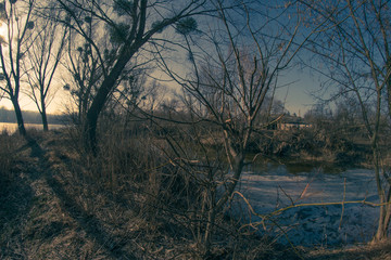 Fototapeta na wymiar Spring landscape fisheye river on nature sunny