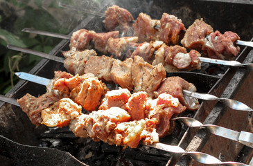 Marinated shashlik or kebab preparing on the grill