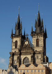 Fototapeta na wymiar Towers of Tynsky church in Prague, Czech Republic