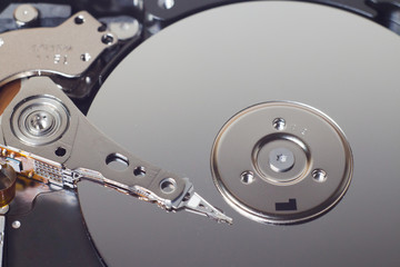 Closeup of an open computer hard drive