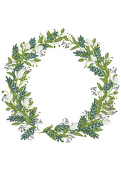 A wreath of white snowdrops and a variety of green leaves. Postcard birthday, Valentine's Day, wedding, Women's Day.