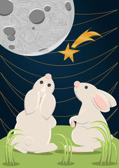 Two cute bunny looking at the falling gold star on a background of a full moon. Postcard with animals and plants. Vector illustration.