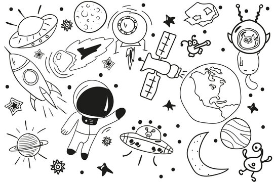 black white drawing. Doodle. vector set of space elements.