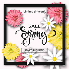 Sale background with flowers. Season discount banner. Vector illustration ,template. Wallpaper, flyers, invitation, posters, brochure.